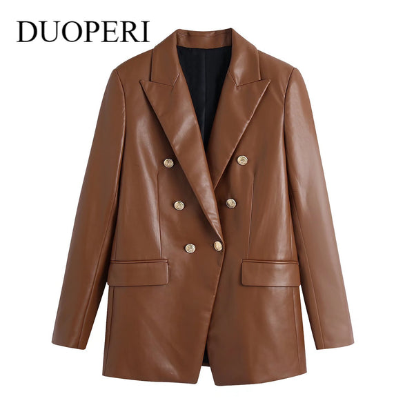 DUOPERI Faux Leather Blazer Women Elegant Long Sleeves Double breasted  Office Lady Suit Female  Blazer Suit veste femme