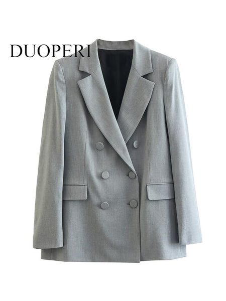 DUOPERI Women With Pockets Solid Double Breasted Blazer Vintage Long Sleeves Notched Neck Female Chic Lady Outfits