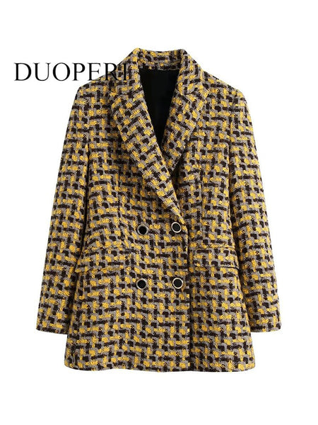 DUOPERI Women With Pockets Texture Double Breasted Blazer Vintage Long Sleeves Notched Neck Female Chic Lady Outfits
