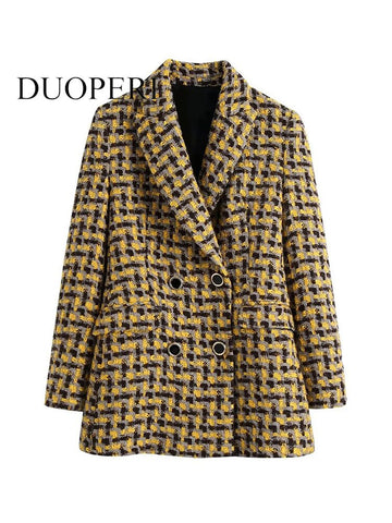 DUOPERI Women With Pockets Texture Double Breasted Blazer Vintage Long Sleeves Notched Neck Female Chic Lady Outfits