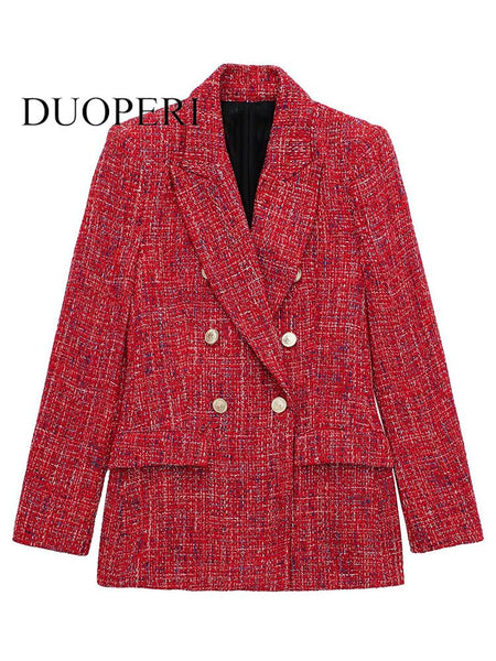DUOPREI Women With Pockets Texture Double Breasted Blazer Vintage Long Sleeves Notched Neck Female Chic Lady Outfits