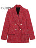 DUOPREI Women With Pockets Texture Double Breasted Blazer Vintage Long Sleeves Notched Neck Female Chic Lady Outfits
