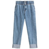 DUSHU Pants For Women Cuffed Cuffs High Waist Slim Jeans Retro Casual Elastic Waist Jeans Denim Blue Straight Leg Jeans Trousers