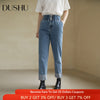 DUSHU Pants For Women Cuffed Cuffs High Waist Slim Jeans Retro Casual Elastic Waist Jeans Denim Blue Straight Leg Jeans Trousers