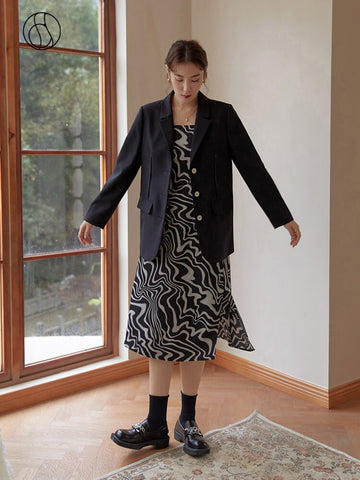 DUSHU Slightly Fat Lady Suit Collar Full Regular Sleeve Casual Blazers Straight Midweight Length Coats Office Lady Solid Simple