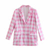 DYLQFAS 2022 Women Elegant Cotton Pink Plaid Long Sleeve Suit Female Vintage Loose Office Lady Single Breasted Blazer Casual Top