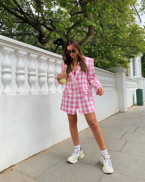 DYLQFAS 2022 Women Elegant Cotton Pink Plaid Long Sleeve Suit Female Vintage Loose Office Lady Single Breasted Blazer Casual Top