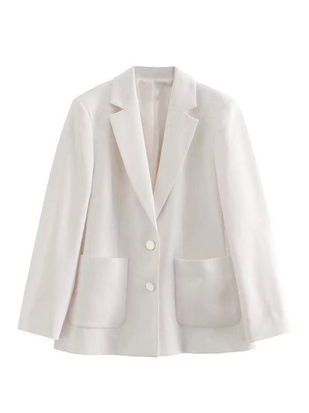 DYLQFS 2023 Women Spring White Blazer Vintage Long Sleeve Patch Pocket Single Breasted Female Chic Coat