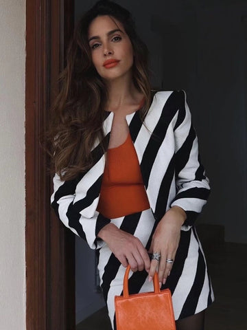DYLQFS Women Elegant O Neck Striped Print Casual Short Coat Office Ladies Coat Blazer Top Retro Chic Striped Skirt