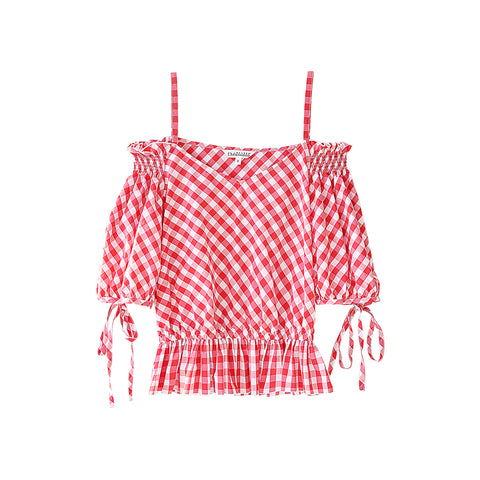 2022 Off Shoulder Sexy Plaid Blouse Women's New Red Half Lantern Sleeve V Neck Halter Shirts