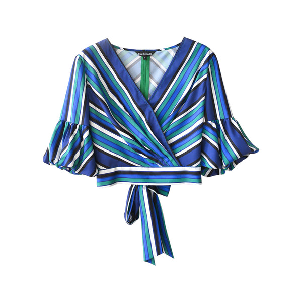 Summer Striped Blouse Women's Elegant Flare Sleeve V-neck Shirt Short Bow Top