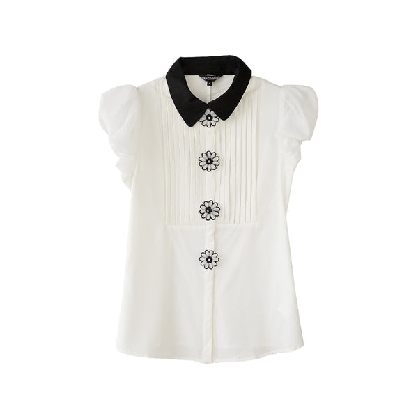 Summer Women's Flower Buttons Pleated Shirts Bubble Short Sleeve Lapel Shirt Top