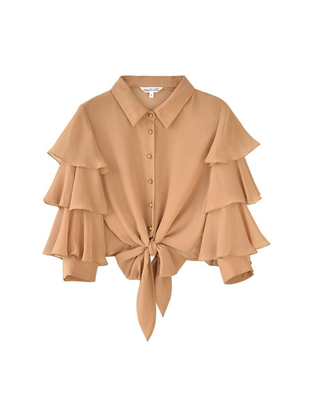 Autumn Office Lady Blouses Butterfly Sleeve Lace Solid Ruffles Shirts Tops