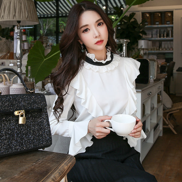Autumn Women Blouses Office Lady Ruffles Stand Butterfly Sleeve Full Shirts Top