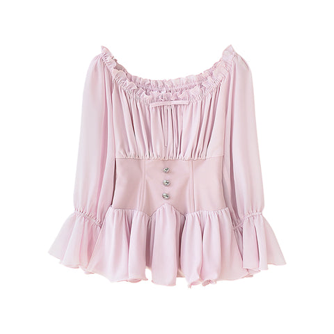 Autumn Flare Sleeve Chiffon Blouses Women 2022 New Pink Ruffles Shirts Sweet Girl off Shoulder Elegant Blouse Top