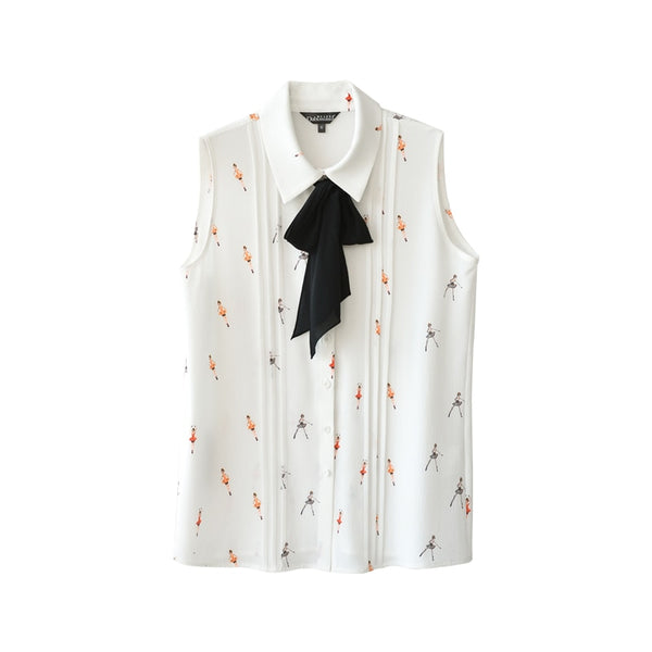Summer 2022 Office Lady Casual Lapel tie Bow Print Sleeveless Shirts Top