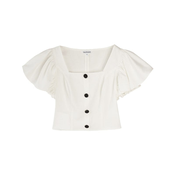 Women Ruffles Sleeve Blouse 2022 New Square Collar Single Breasted White Shirts Office lady Elegant Korean Short Tops