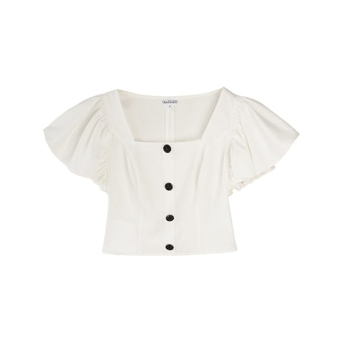 Women Ruffles Sleeve Blouse 2022 New Square Collar Single Breasted White Shirts Office lady Elegant Korean Short Tops