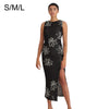 Daisy Print Knitted Beach Dress Women 2022 Summer Split Bodycon Backless Sundress O-Neck Dresses Sleeveless Party Sexy Eleg N4O2