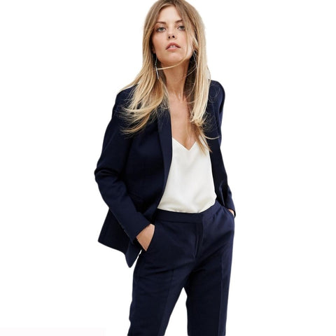 Solid Dark Blue Women Formal Blazers Single Button Notched Female Slim Elegant Outwears Split Back Pockets Coats