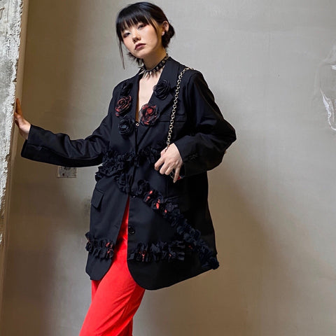 Dark Blood 3D Red Rose Patch Lace Stitching Casual Blazer Versatile Coat Gothic Punk Girls Loose Designer Blazer Jacket Women