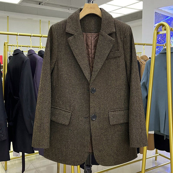 Dark Brown Woolen Blazer Women Autumn/Winter 2023 Korean Herringbone Thick Padded Suit Jacket Lady Outerwear M1494