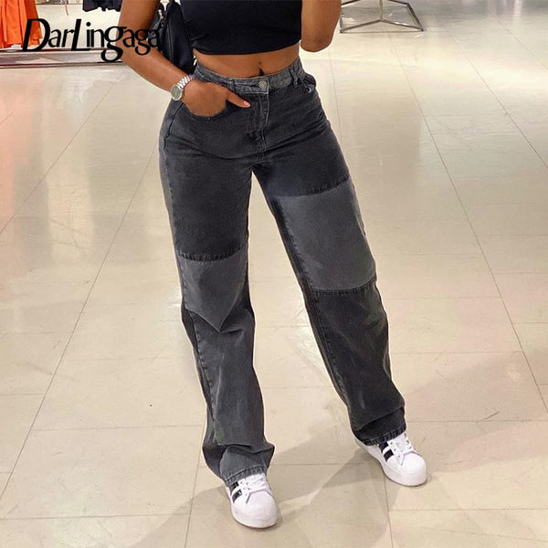 Darlingaga Streetwear Patchwork Jeans for Women Straight Harajuku High Waist Pants Denim 90s Plus Size Long Trousers Female