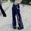 Darlingaga Streetwear Punk Style Dark Academia Lace Patchwork Cargo Pants Baggy Jeans Woman Grunge Gothic Tie Up High Waist Jean