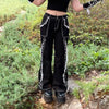 Darlingaga Streetwear Punk Style Dark Academia Lace Patchwork Cargo Pants Baggy Jeans Woman Grunge Gothic Tie Up High Waist Jean