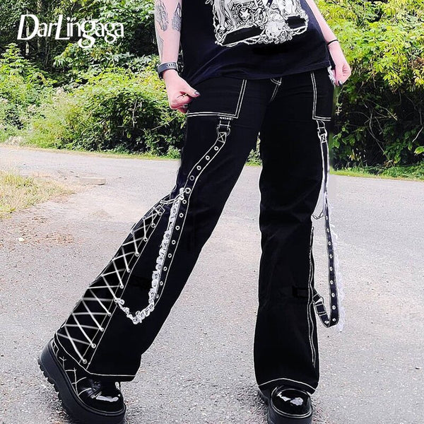 Darlingaga Streetwear Punk Style Dark Academia Lace Patchwork Cargo Pants Baggy Jeans Woman Grunge Gothic Tie Up High Waist Jean