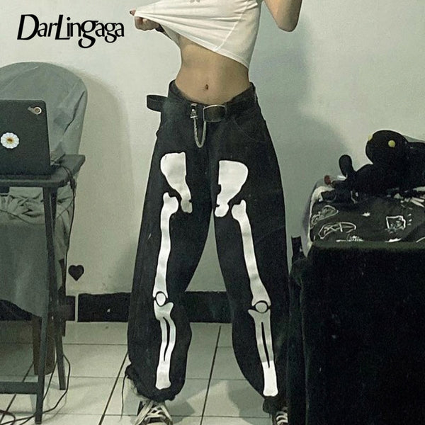 Darlingaga Streetwear Skeleton Printed Punk Women Jeans Harajuku Loose Goth Pants Hip Hop Baggy Jeans Denim Trousers Clothes