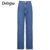 Darlingaga Streetwear Straight Vintage Plaid Jeans Woman Denim High Waist Pants Burr Checkered Baggy Jeans Trousers