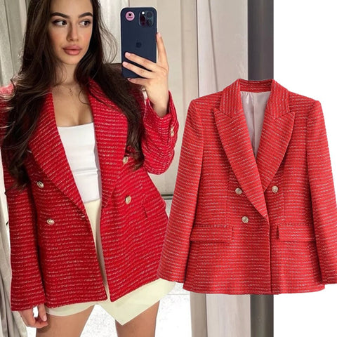 Dave&Di 2023 England Style Ins Blogger Retro Gold Double Breasted Red Color Tweed Casual Blazers Women Jacket Tops