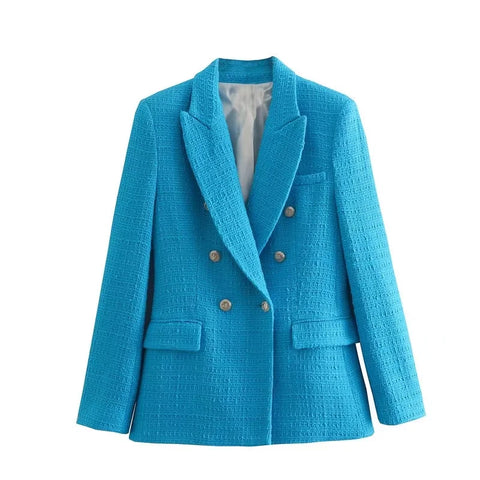 Dave&Di 2023 England Style Office Lady Elegant Blue Color Texture Tweed Doube Breasted Casual Blazer Women Tops