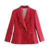 Dave&Di  England Style Simple Red Color Tweed Blazers Women 2023 Retro Gold Buttons Casual Jacket Women Blazer