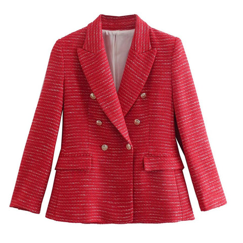 Dave&Di  England Style Simple Red Color Tweed Blazers Women 2023 Retro Gold Buttons Casual Jacket Women Blazer