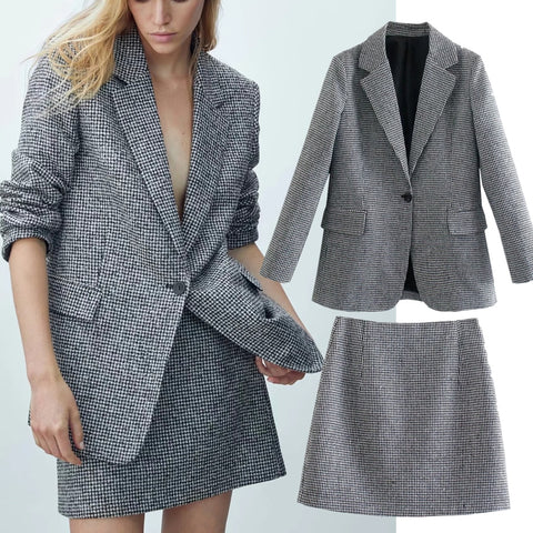 Dave&Di England Style Office Lady Vintage Houndstooth Plaid Casual Blazer Women Aline High Waist Mini Skirts Women Sets