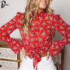 Tie wiast floral print chiffon blouse shirt women Elegant transparent Leopard blouse summer Vintage long sleeve blusas