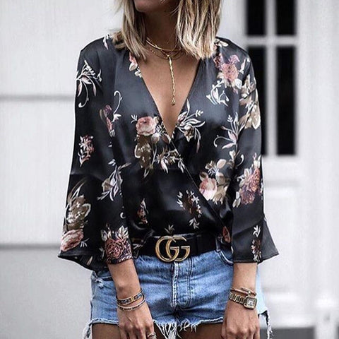 Summer V Neck Casual Shirt Tops Women Clothes Fashion Print Flare Sleeve Womens Tops And Blouses Harajuku Blouse