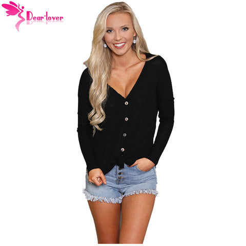 Dear Lover Streetwear 2022 Women Autumn Shirts Sexy Grey Waffle Knit V-neck Button Front Long Sleeve Blouse Tops Casual LC251126