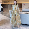 Delocah  2022 Summer Women  Designer Party Mesh Dress Lantern Sleeve Bow Sashes Floral Print Elegant Ladies Midi Dress