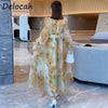 Delocah  2022 Summer Women  Designer Party Mesh Dress Lantern Sleeve Bow Sashes Floral Print Elegant Ladies Midi Dress