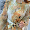 Delocah  2022 Summer Women  Designer Party Mesh Dress Lantern Sleeve Bow Sashes Floral Print Elegant Ladies Midi Dress