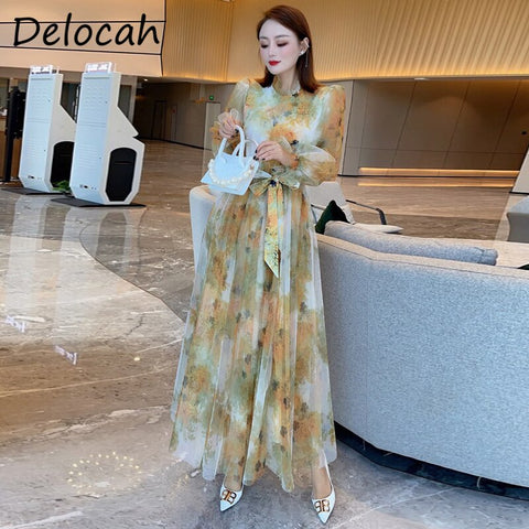 Delocah  2022 Summer Women  Designer Party Mesh Dress Lantern Sleeve Bow Sashes Floral Print Elegant Ladies Midi Dress