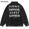 Denim Bomber Jacket Streetwear Hip Hop Vintage Letter Print Cowboy Distressed Wash Jeans Coat 2023 Retro Casual Cotton Jackets