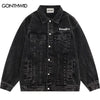 Denim Bomber Jacket Streetwear Hip Hop Vintage Letter Print Cowboy Distressed Wash Jeans Coat 2023 Retro Casual Cotton Jackets