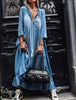 Denim Dress Women Loose Cowboy Three Quarter Sleeve Long Dresses Robe Ruffle V Neck Elegant Party Maxi Dress Vestidos 2022