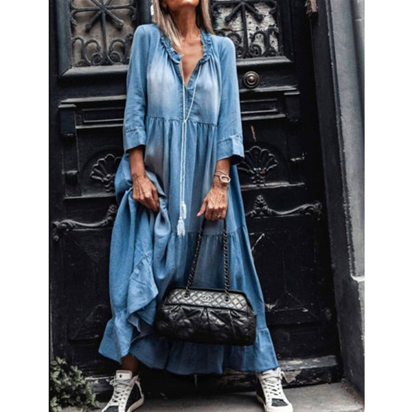 Denim Dress Women Loose Cowboy Three Quarter Sleeve Long Dresses Robe Ruffle V Neck Elegant Party Maxi Dress Vestidos 2022