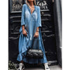 Denim Dress Women Loose Cowboy Three Quarter Sleeve Long Dresses Robe Ruffle V Neck Elegant Party Maxi Dress Vestidos 2022