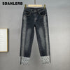 Denim Long Pants Women's 2022 Early Autumn Stretchy High Waist Jeans Slimming Flanging Letter Printed Straight-Leg Pants